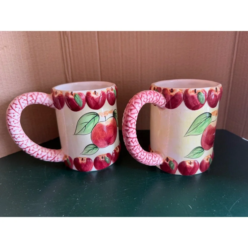Seymour Mann Vintage Apple Teapot and Mugs Set Hand Painted Faience Ceramic 3pc